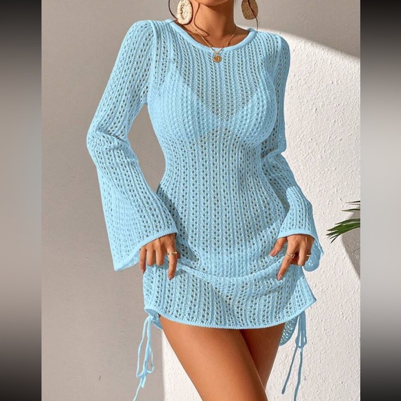 Baby blue crochet ruched tie drawstring side tie back mini cover up dress - Picture 4 of 6